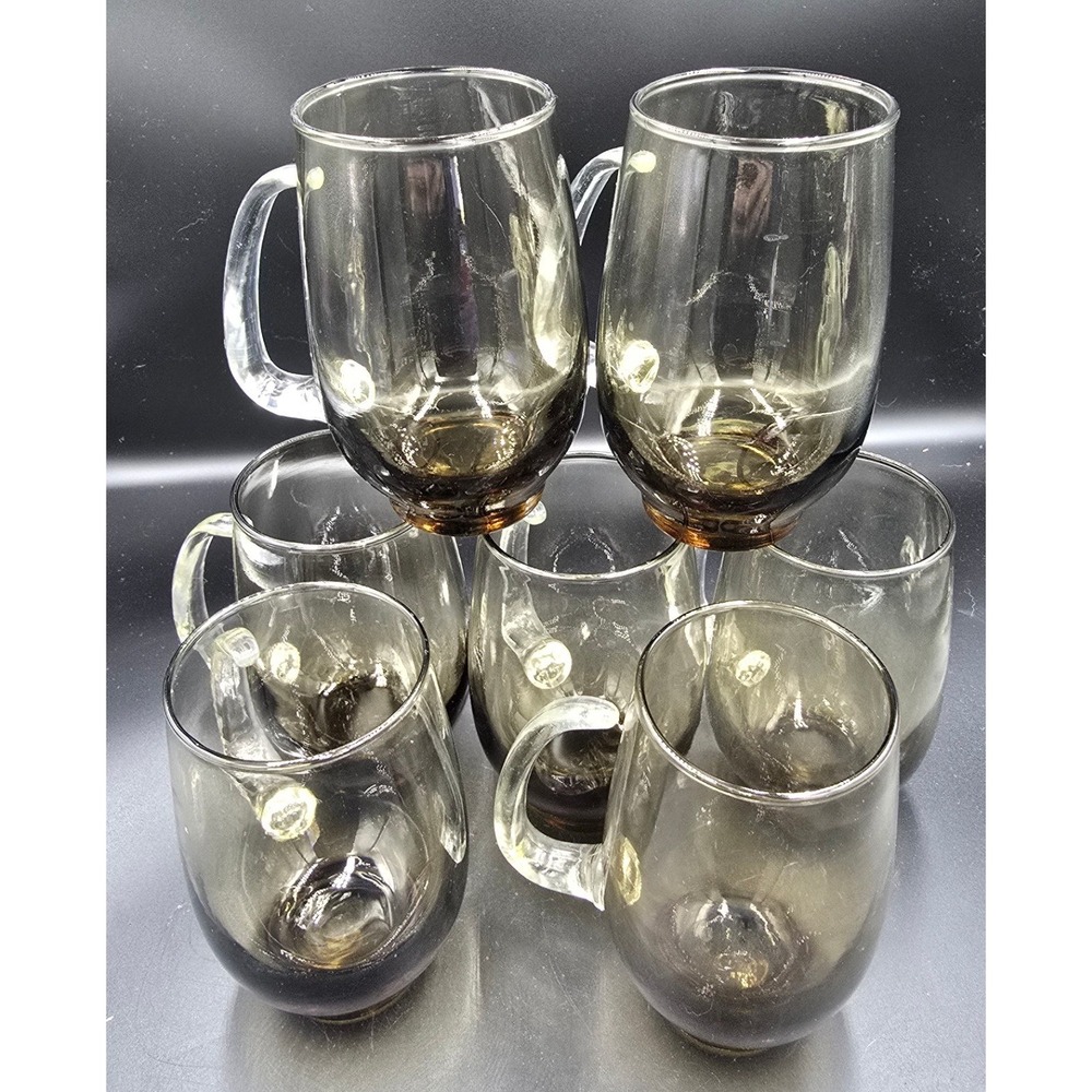 Set of 7 Vintage Libbey Brown Tempo Glasses Tankard‎ Mugs With D-Handles MCM